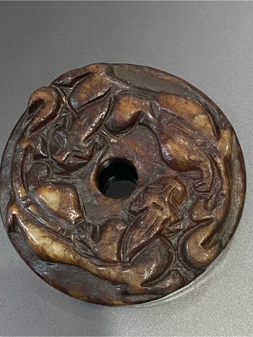 Hand-Carved Brown Jade Bi Disc pin by Kathleen Mailliard, SF-CA